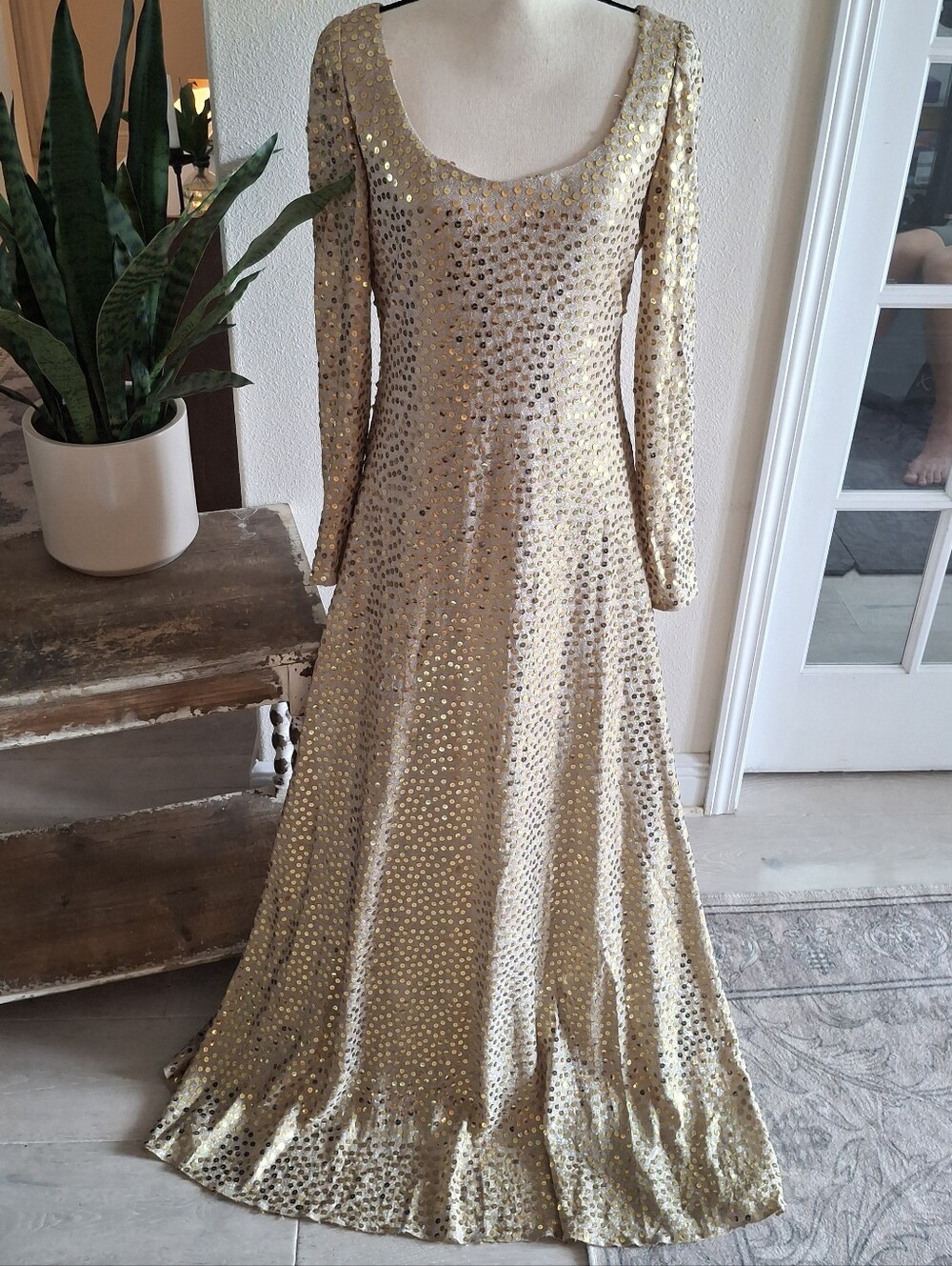 Vintage Mollie Parnis Long Sleeve Gold Sequin Maxi Dress